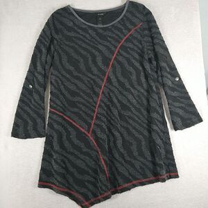 Ali Miles Tunic Size Large Black Gray Semi Sheer 3/4Slv Roll Tab Stretch Texture